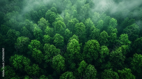 Lush green forest canopy with mist rising during the early morning hours in a tranquil natural setting