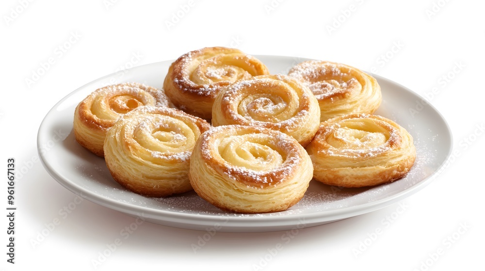 Delicious cinnamon danish swirls on white plate with powdered sugar Delicious cinnamon danish swirls on white plate with powdered sugar