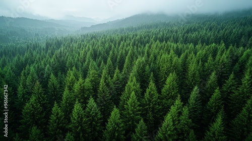 Mist-covered evergreen forest landscape in early morning light showcasing lush greenery and mountainous backdrop