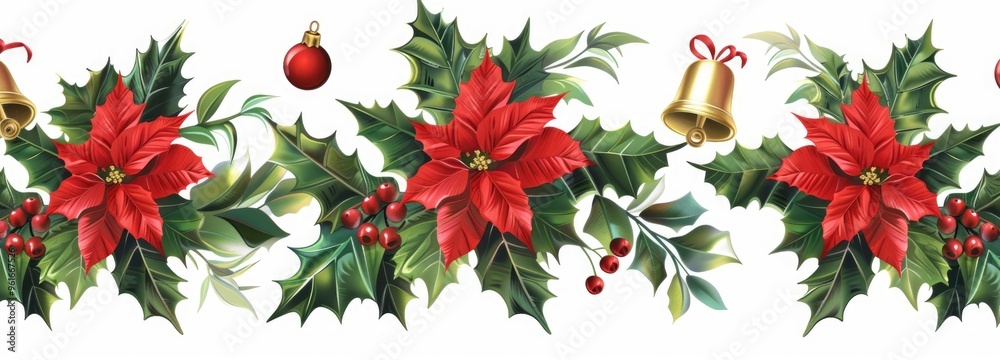 Set of garland with poinsettia flowers, pine cones and golden bells isolated on a white background, vector illustration. With each element in a different position for easy collage composition design. Set of garland with poinsettia flowers, pine cones and golden bells isolated on a white background, vector illustration. With each element in a different position for easy collage composition design.