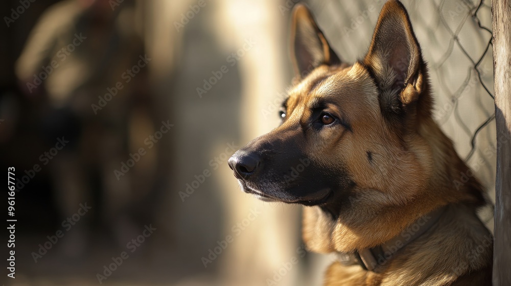 Fototapeta premium A close-up of a German Shepherd dog, gazing thoughtfully with a blurred background.