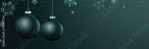 A vector illustration of two hanging dark teal balls on the left side, and small snowflakes in the background, on a dark green gradient color banner with copy space area on the right side.