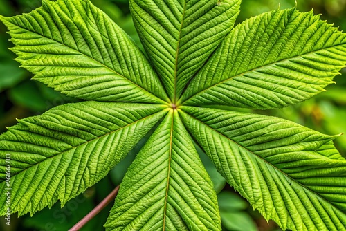 A lush green palmate buckeye leaf unfurls, its serrated edges and prominent veins standing out against the background photo