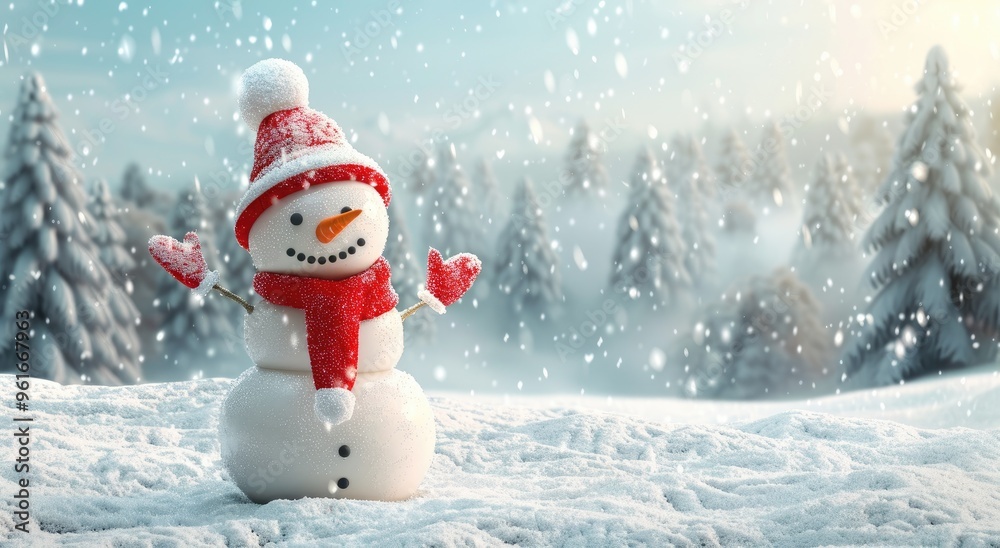 A cute snowman standing in the middle of white snow, wearing a red and white scarf with a hat on his head waving his hand to say hello.