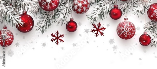 White background with red balls and snowflakes, decoration, vector illustration, white color scheme, white color, white background, high resolution, high quality, detail, sharpness, high definition