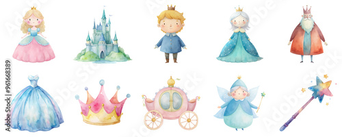 Fairytale characters and elements including prince, princess, castle and magic wand in watercolor illustration set. Objects in vibrant pastel tones isolated on transparent background photo