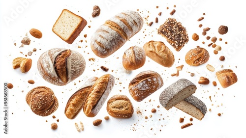 Wallpaper Mural Assorted artisanal breads and rolls arranged on a white background, showcasing different textures, shapes, and grains. Torontodigital.ca