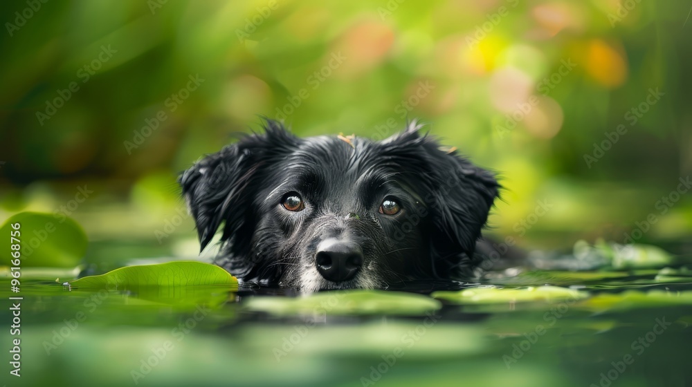 A tight shot of a dog submerged in water, a leaf floats near in the foreground, background softly blurred A tight shot of a dog submerged in water, a leaf floats near in the foreground, background softly blurred