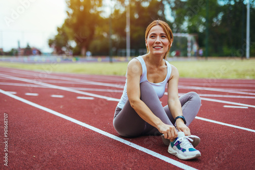 Smiling Woman Relaxing After a Successful Jog on Track