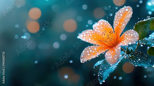 A close-up of raindrops on a flower petal during a spring shower