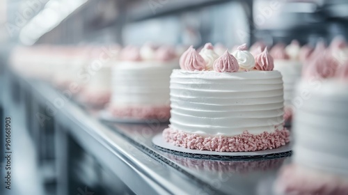 A series of beautifully decorated white cakes with intricate pink frosting designs, displayed neatly on cake stands, ready to be served. Perfect for any special event. photo