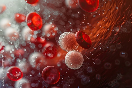 A surreal close-up of red blood cells and white blood cells illuminated by a soft, ethereal light in a pulsating blood vessel photo