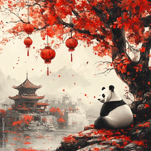 Chinese traditional illustration with panda