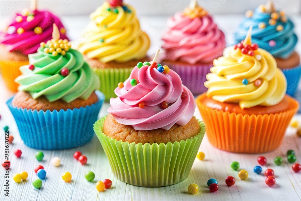 Colorful cupcakes with frosting and sprinkles in bright liners on wooden table Colorful cupcakes with frosting and sprinkles in bright liners on wooden table