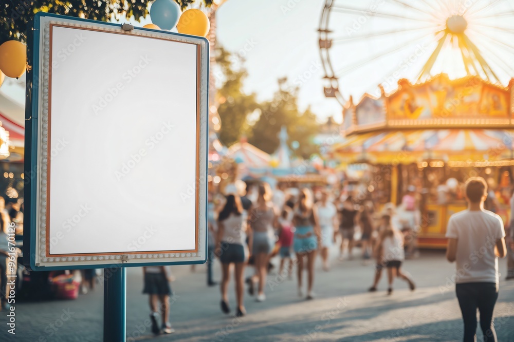 Blank billboard is standing in an amusement park with people walking around on a sunny summer day Blank billboard is standing in an amusement park with people walking around on a sunny summer day