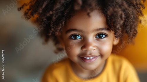 A smiling child with curly hair in an orange top looks directly into the camera, eyes sparkling with innocence and joy. This heartwarming portrait captures pure childhood bliss. photo