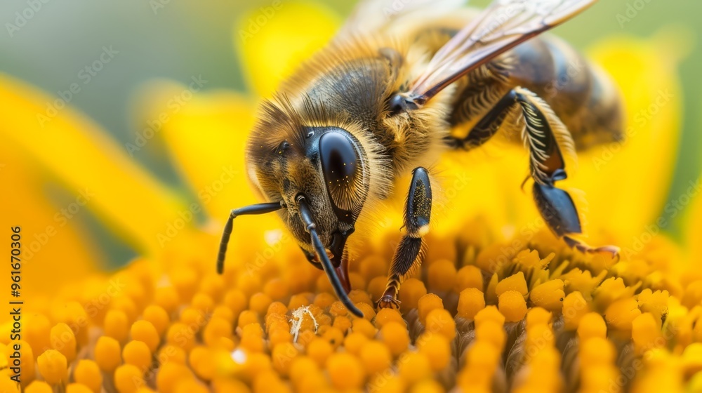 A bee closely perched on a sunflower, surrounded by background bees; sunflower in focus, background softly blurred A bee closely perched on a sunflower, surrounded by background bees; sunflower in focus, background softly blurred
