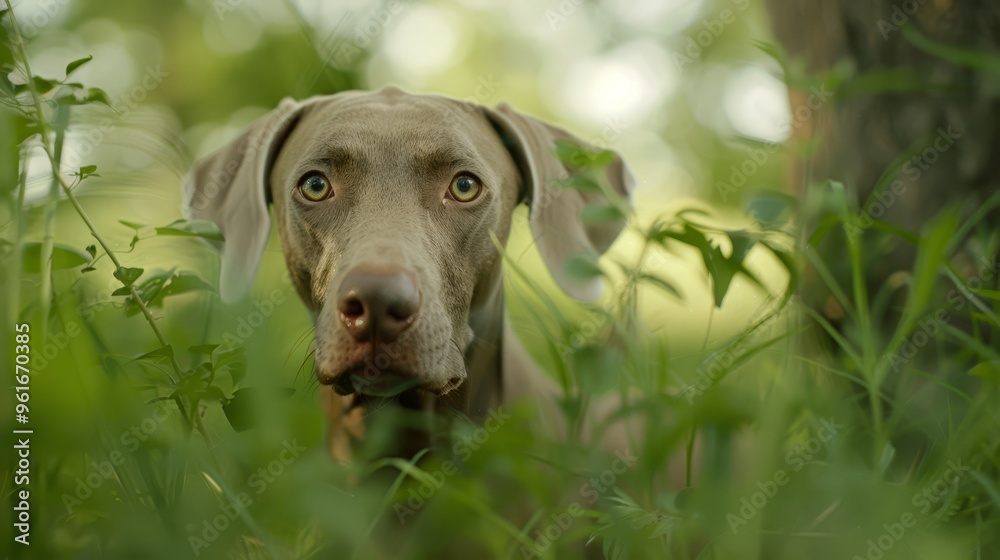 A tight shot of a dog in a lush grassy expanse, a tree looms in the distance, and bushy foliage fills the foreground A tight shot of a dog in a lush grassy expanse, a tree looms in the distance, and bushy foliage fills the foreground