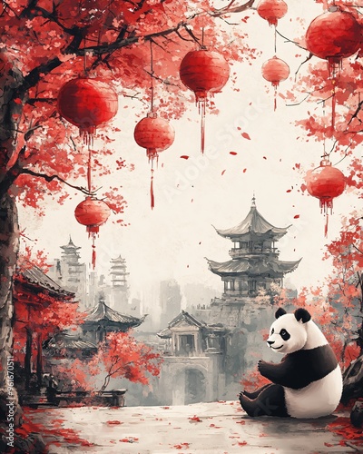 Chinese traditional illustration with panda