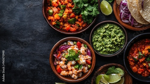 An assortment of Mexican dishes is displayed, featuring guacamole, shrimp salad, lime wedges, tortillas, and salsa, set against a dark-themed background for a vibrant contrast.