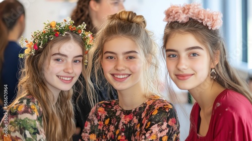 Three Happy Teenage Girls Wearing Flower Crowns