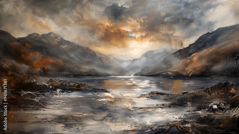 Fototapeta premium Watercolour oil painting of a mountain landscape typical of the Scottish highlands with an autumn fall scenic lake and a dramatic moody cloudy sky, stock illustration image