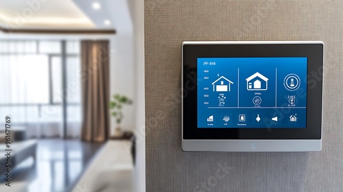 A modern smart home control system mounted on a wall, displaying various room settings like lighting and temperature controls, in a sleek and minimalistic living room with a solid color background