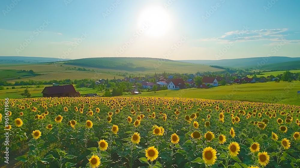Obraz premium Vibrant sunflowers in a serene countryside setting at golden hour.