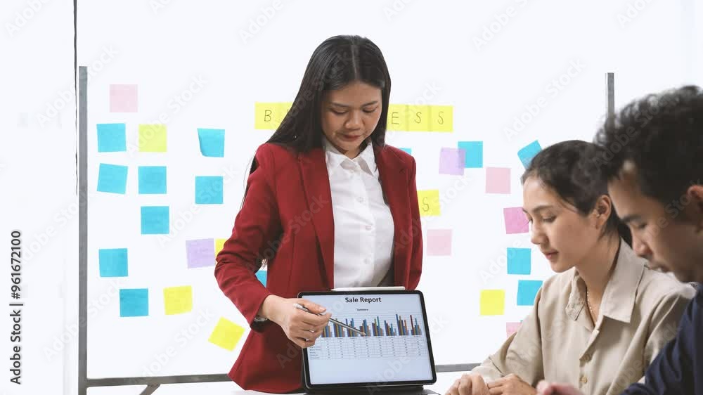 Businesswoman Leading Team Brainstorming: A confident businesswoman leads a brainstorming session, presenting a chart on a tablet, surrounded by sticky notes and team members, creating a dynamic and c