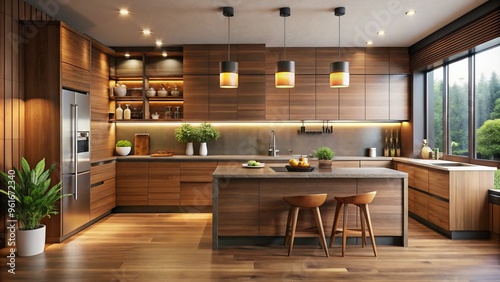 Wallpaper Mural A modern wooden kitchen boasts sleek cabinetry, contrasting countertops, and warm lighting, creating a harmonious blend Torontodigital.ca