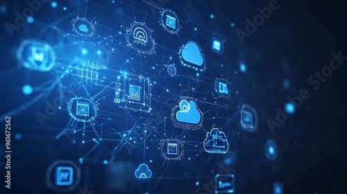 Digital network with cloud computing icons, nodes, and data flow lines, ultra-sharp focus, solid dark blue background