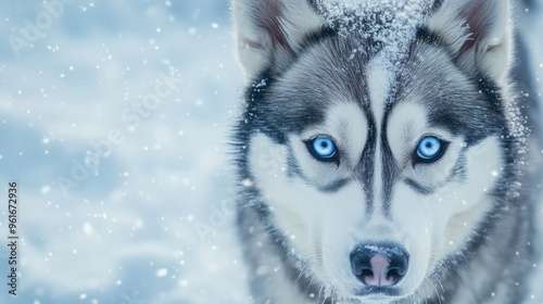 A close-up of a Siberian Husky with striking blue eyes in a snowy environment.