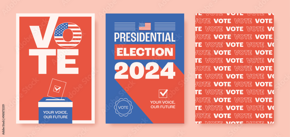 Naklejka premium Set of presidential elections 2024 posters. Modern design templates for voting in USA. Vector illustration