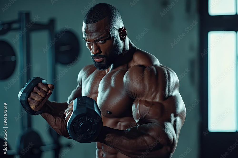 Focused Determination: A Bodybuilder's Bicep Curl in the Gym Focused Determination: A Bodybuilder's Bicep Curl in the Gym