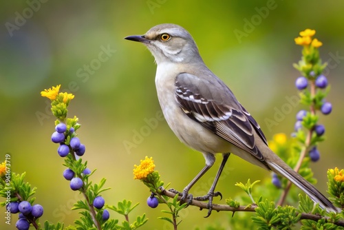 A Northern Mockingbird clings to a spiny ocotillo branch, its vibrant plumage a striking contrast to the arid