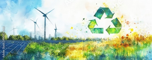 Watercolor Landscape with Wind Turbines  Solar Panels  and Recycle Symbol
