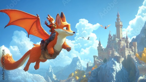 Adventurous cartoon fox riding on the back of a friendly dragon, soaring through the sky above a fantasy kingdom with castles and mountains