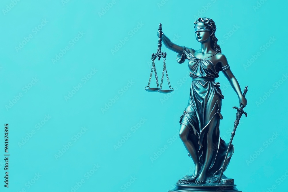 Fototapeta premium Lady Justice statue in law on blue background. Law and justice concept , ai