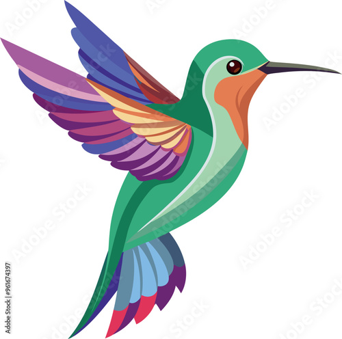 Colorful vector illustration of a hummingbird, showcasing its vibrant feathers and dynamic pose in a stylized design