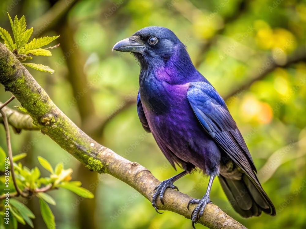 A purple crow, its curious gaze sweeping the landscape, rests on a sturdy tree branch, vigilant and watchful, A purple crow, its curious gaze sweeping the landscape, rests on a sturdy tree branch, vigilant and watchful,