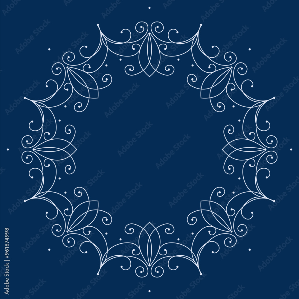 Elegant white lacy frame on dark blue background. Winter design element of curved lines. Ornate fine ornament. Frost pattern on the window. Elegance classic vintage design. Christmas lacy snowflake. Elegant white lacy frame on dark blue background. Winter design element of curved lines. Ornate fine ornament. Frost pattern on the window. Elegance classic vintage design. Christmas lacy snowflake.