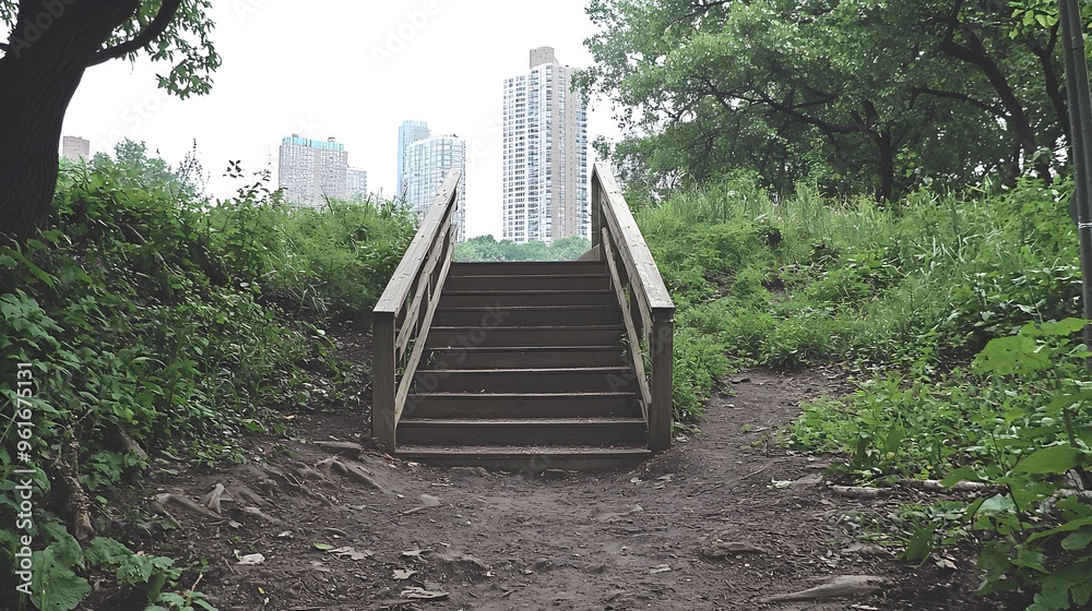 Wooden stairs leading through greenery to a skyline backdrop. Wooden stairs leading through greenery to a skyline backdrop.