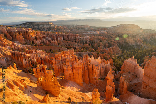 Stunning sunrise views of red rocks and hoodoos at Bryce Canyon National Park.