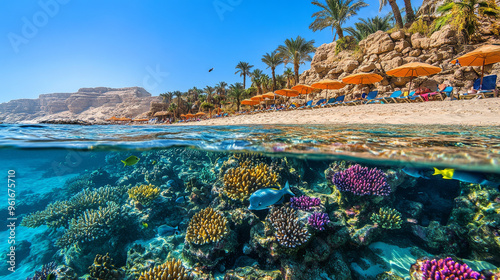 Fototapeta Naklejka Na Ścianę i Meble -  A colorful coral reef teeming with fish, set against a backdrop of a sandy beach with palm trees and beach umbrellas. This scene is in the Red Sea, Egypt.