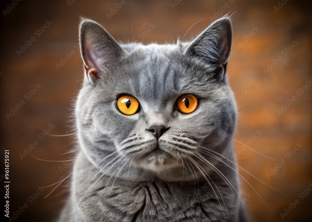 A regal Golden-eyed British Shorthair with a mantle of gray fur fixes the camera with an unwavering glance, A regal Golden-eyed British Shorthair with a mantle of gray fur fixes the camera with an unwavering glance,