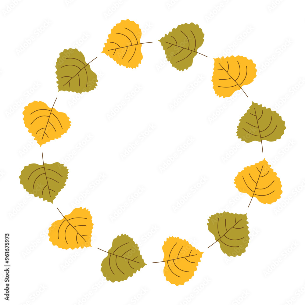 Elegant round Leaves Frame. Autumn wreath or border made of colorful yellow and green leaf in hand drawn style. Fall season colors inscription inside. Natural flat decorative Elegant round Leaves Frame. Autumn wreath or border made of colorful yellow and green leaf in hand drawn style. Fall season colors inscription inside. Natural flat decorative
