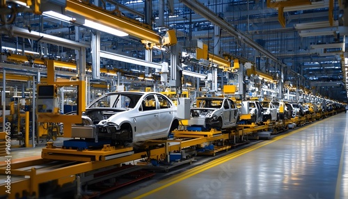 Modern car assembly line with multiple vehicles being assembled at different stages, showcasing advanced manufacturing technologies.