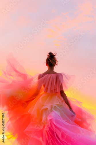 Wallpaper Mural A woman in a colorful dress is standing in front of a sunset Torontodigital.ca