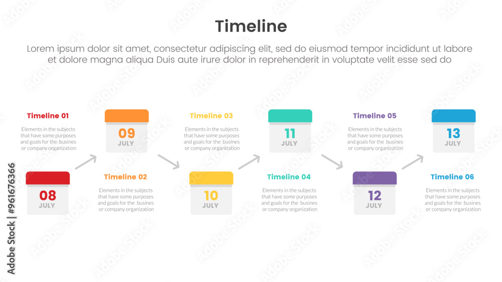 Fototapeta premium timeline set of point infographic with date calendar box linked arrow up and down with 6 point for slide presentation template