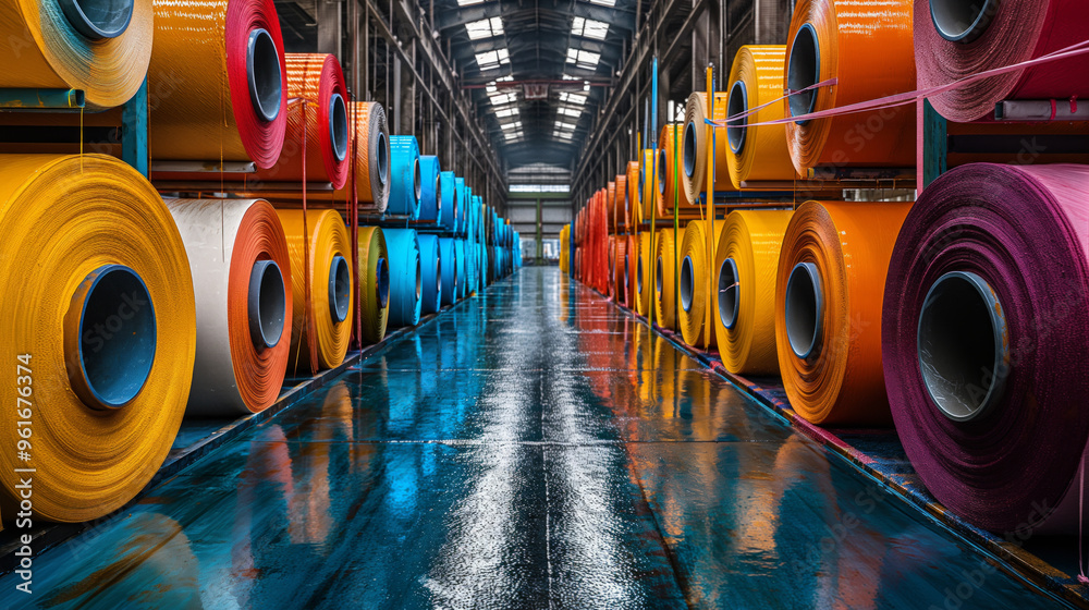 A symmetrical arrangement of colorful material rolls is stored in an organized industrial warehouse. A symmetrical arrangement of colorful material rolls is stored in an organized industrial warehouse.